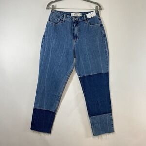 Hollister Womens Curvy High Rise Mom Jeans Patchwork Raw Hem Streetwear Size 28